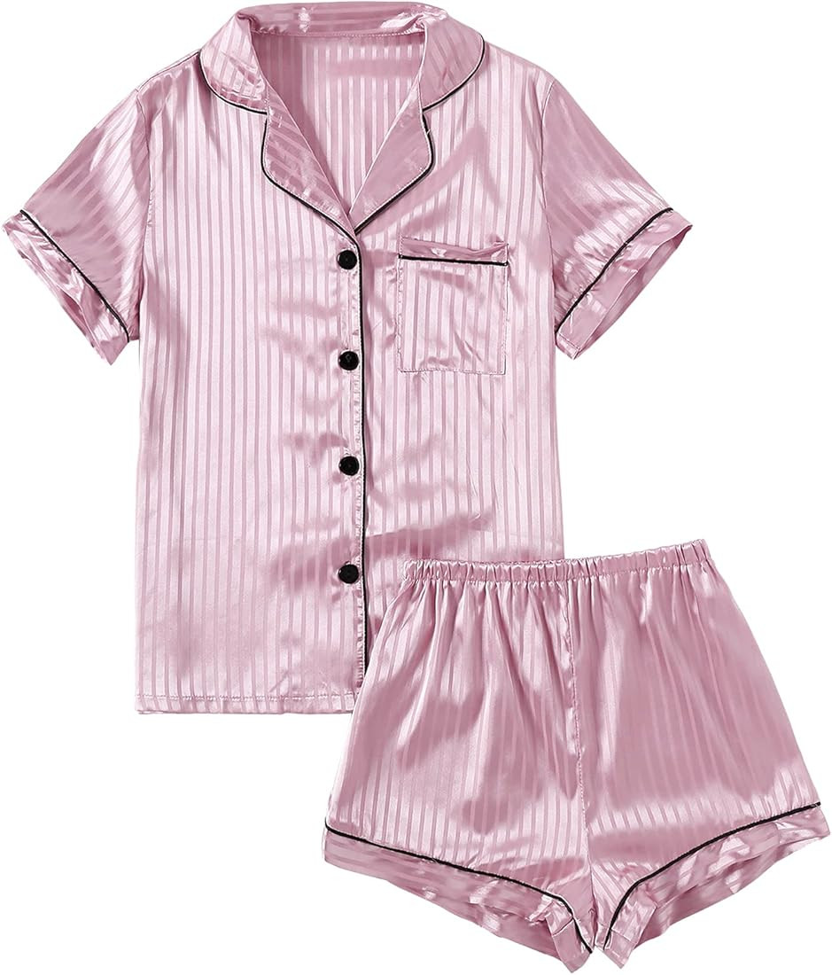 LYANER Women's Striped Silky Satin Pajamas Short Sleeve Top with Shorts Sleepwear PJ Set | Amazon (US)