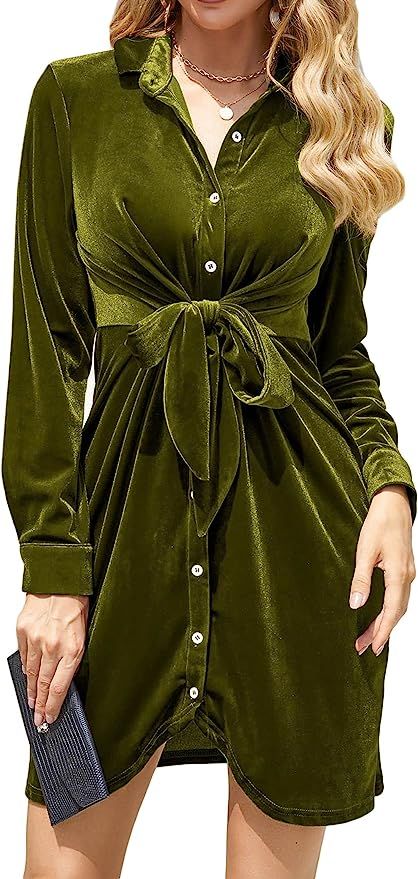 Leadingstar Women Velvet Dress Tie Front Button Down Ruched Elegant V Neck Bodycon Cocktail Mini ... | Amazon (US)