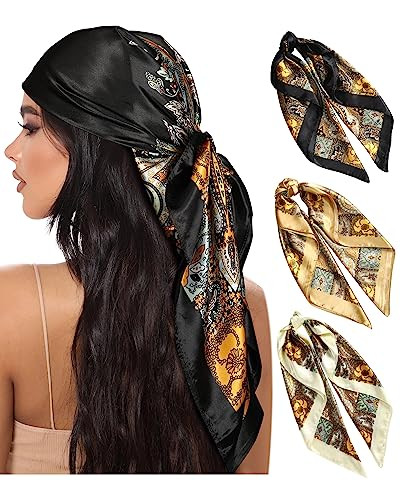 AWAYTR 35” Large Square Satin Head Scarf - 3Pcs Satin Hair Scarves Silk Bandana Scarf Headscarf... | Amazon (US)