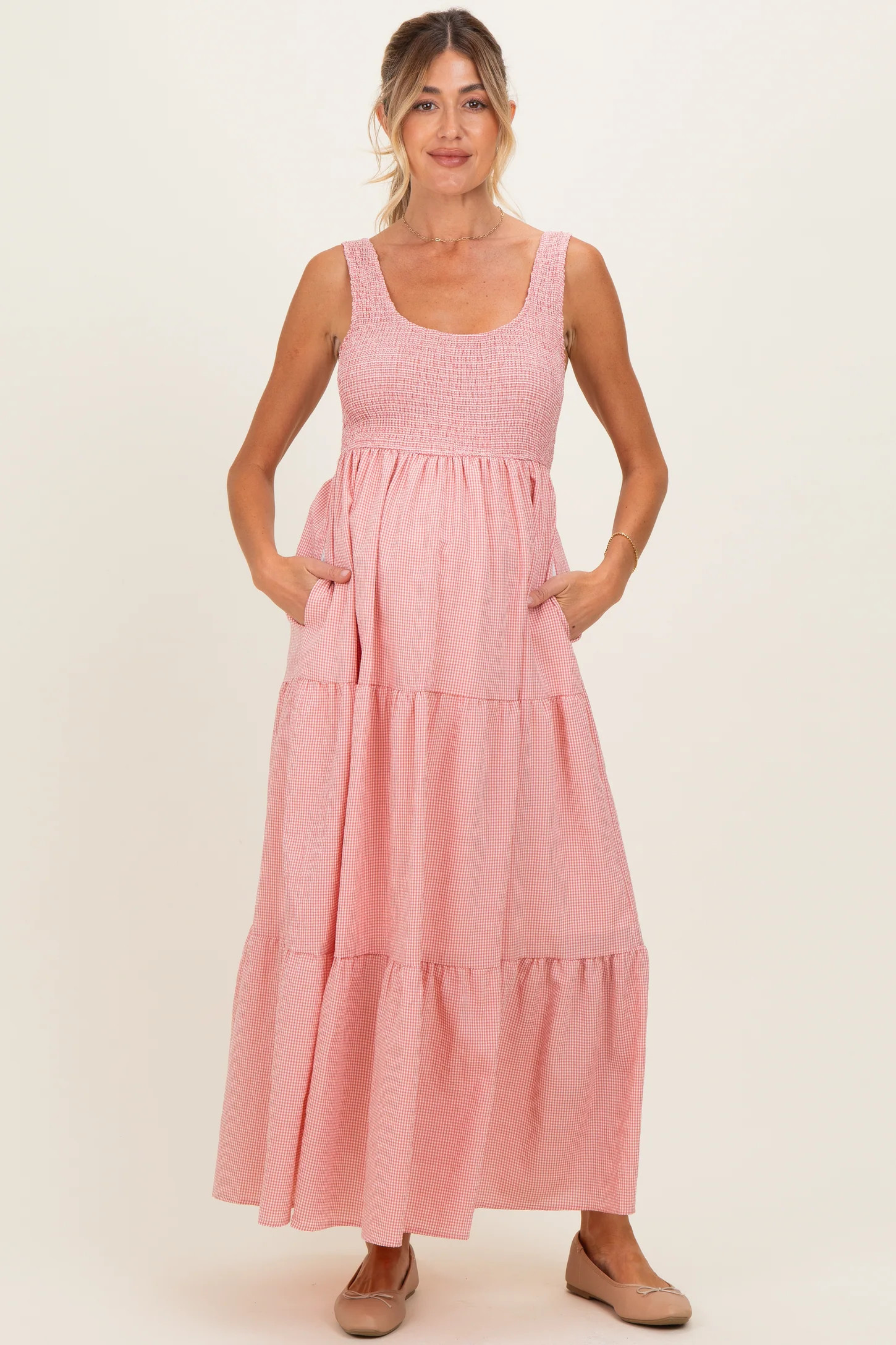 Pink Gingham Smocked Bodice Maternity Maxi Dress | PinkBlush Maternity