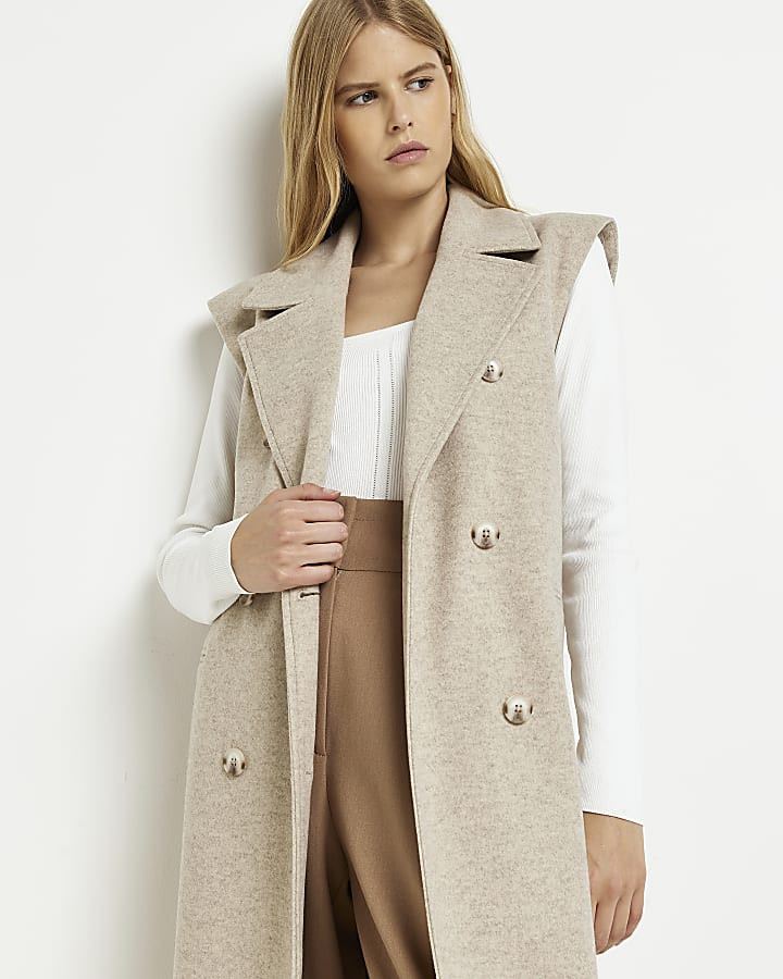 Brown double breasted sleeveless coat | River Island (UK & IE)