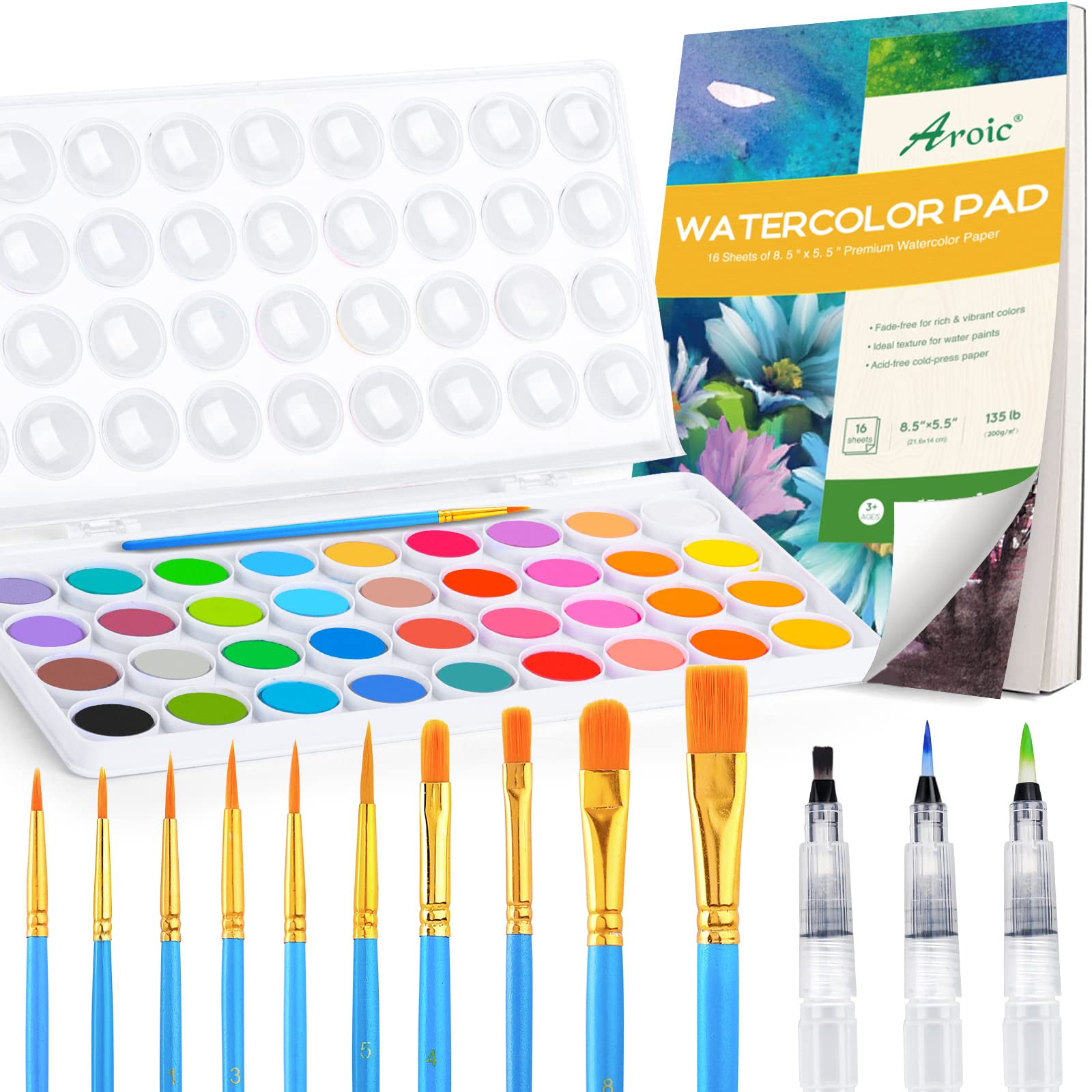 AROIC 65 Pieces Watercolor Paint Set，36 Colors Watercolor，10 Brushes，3 Refillable Water Brush Pens，16 Page Pad（8.5 * 5.5in），Profesional Watercolor Kit for Kids, Adults, Beginners | Amazon (US)