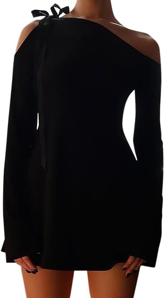 HYPERFIRE Women's Shoulder Tie Long Sleeve Asymmetrical Dress Boat Neck Mini Cocktail Dresses | Amazon (US)
