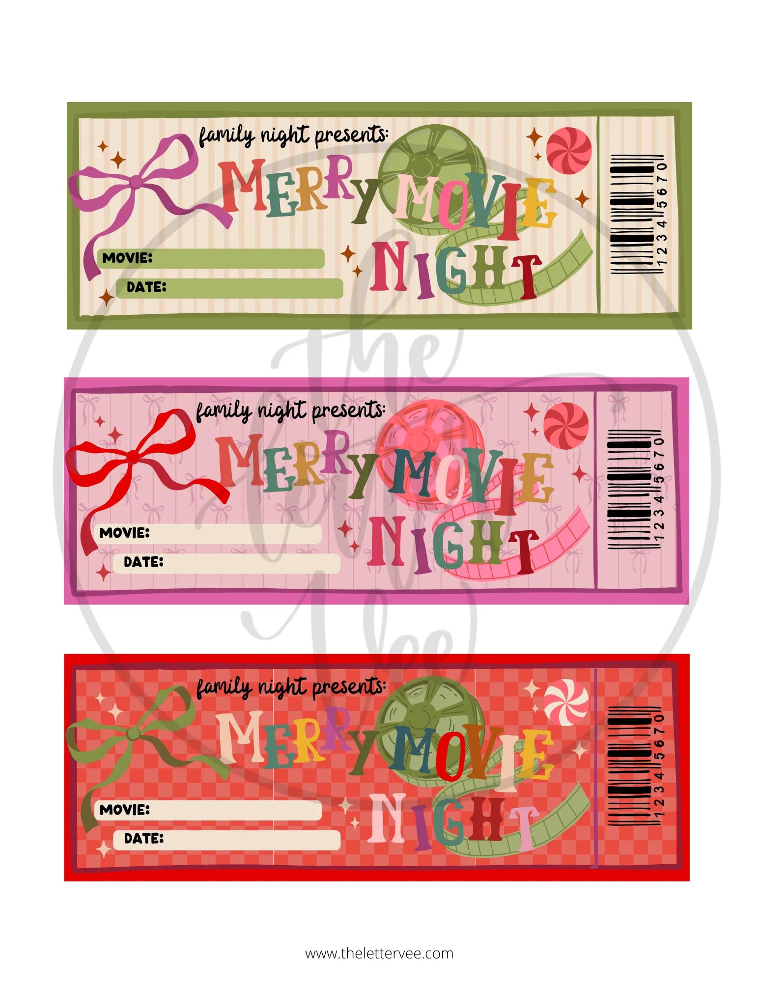 Christmas Movie Night Tickets| Printable play | The Letter Vee