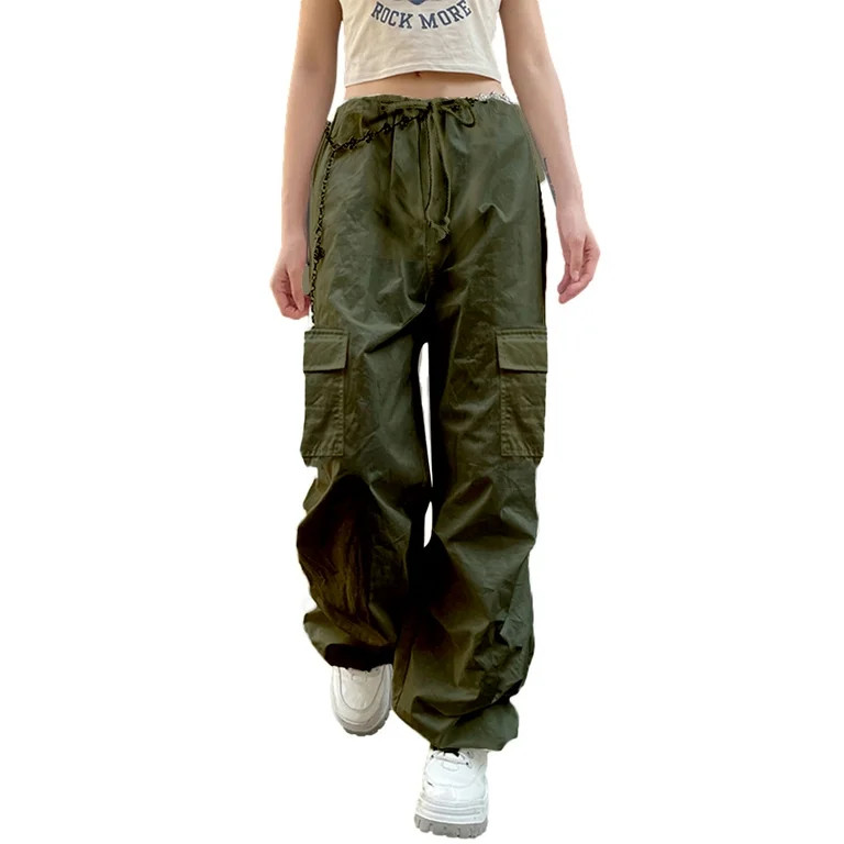 Seyurigaoka Women Juniors Spring Autumn Casual Cargo Pants Mid Waist Multi-pockets Drawstring Str... | Walmart (US)