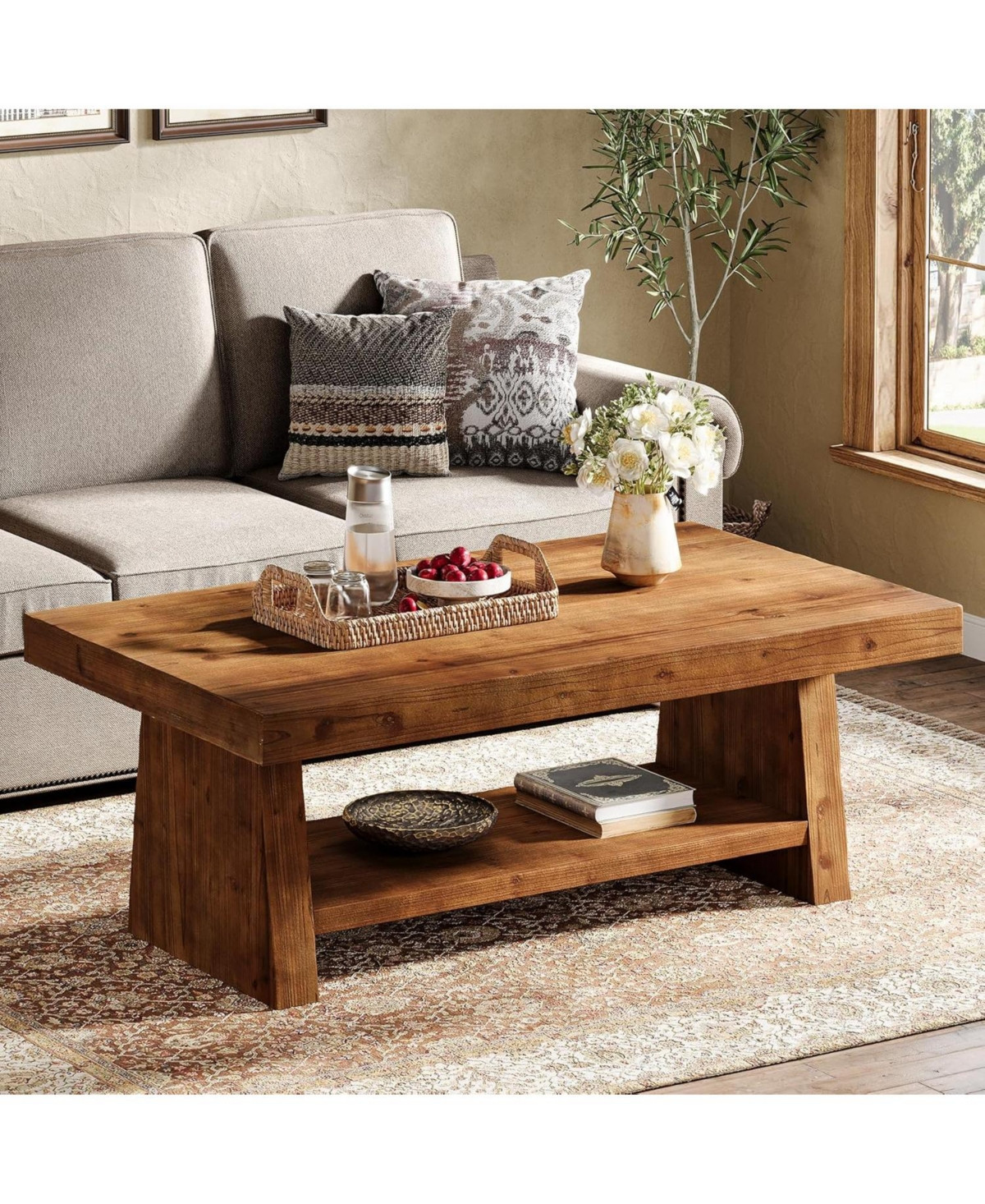 Tribesigns 2-Tier Solid Wood Coffee Table, 47-Inch Rectangular Wood Coffee Table, Farmhouse Center Table with Storage - Brown | Macy's