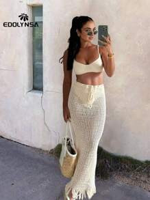 Sexy Chic Drawstring Fringed Knit Cut Out Skirts 2025 Women Summer Pool Party Beach Casual Long Half-Body Skirt | SHEIN