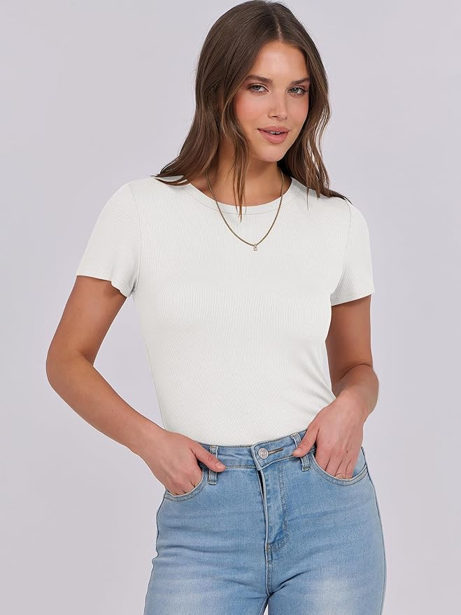 ANRABESS Women Short Sleeve Crewneck Rib Knit Slim Fitted Shirts Summer 2025 Basic Tee Tshirt Top... | Amazon (US)