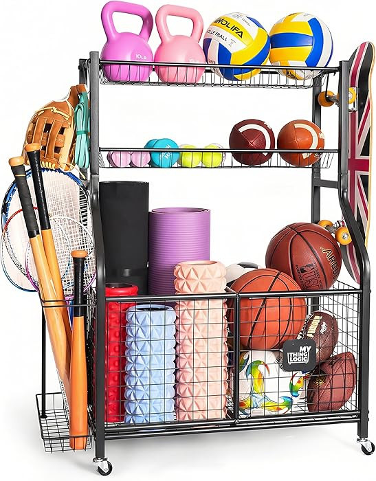 Mythinglogic Sports Equipment Garage Organizer,Garage Ball Storage for Sports Gear and Toys, Roll... | Amazon (US)