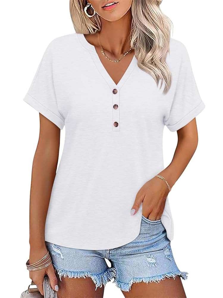 Womens Short Sleeve Shirts V Neck Summer Tops Casual T Shirts Basic Buttons Tees Loose | Amazon (US)