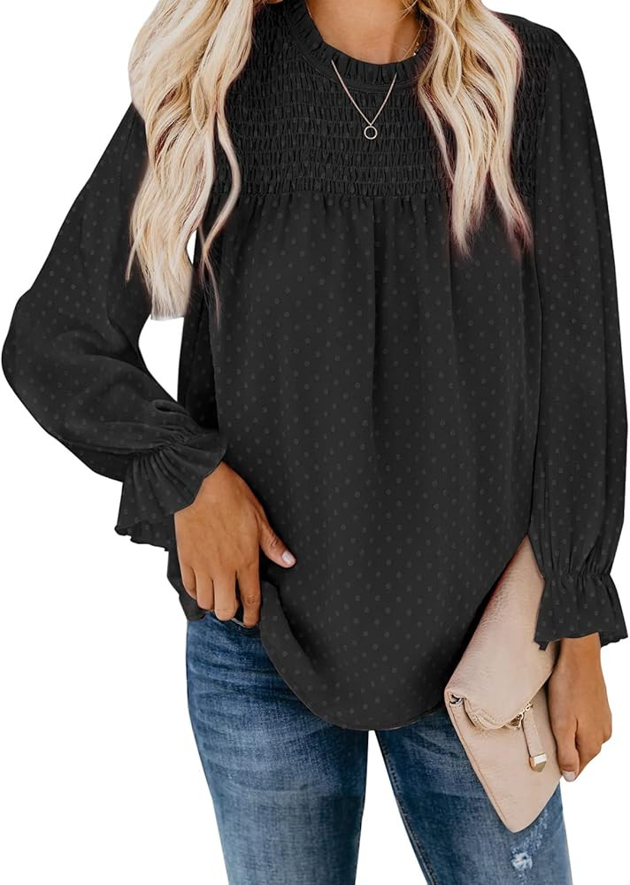 Dokotoo Womens Crewneck Lace Crochet Pom Pom Flowy Long Sleeve Casual T Shirts Blouses Tops | Amazon (US)