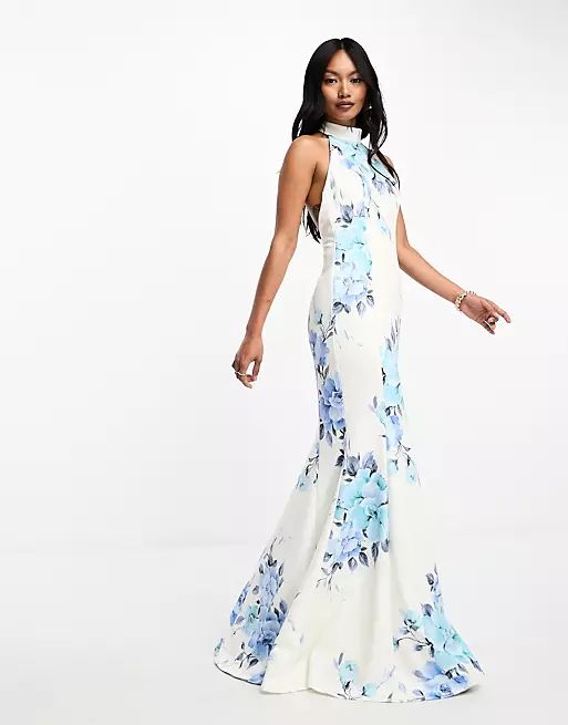 True Violet high neck maxi dress in white and blue floral | ASOS (Global)