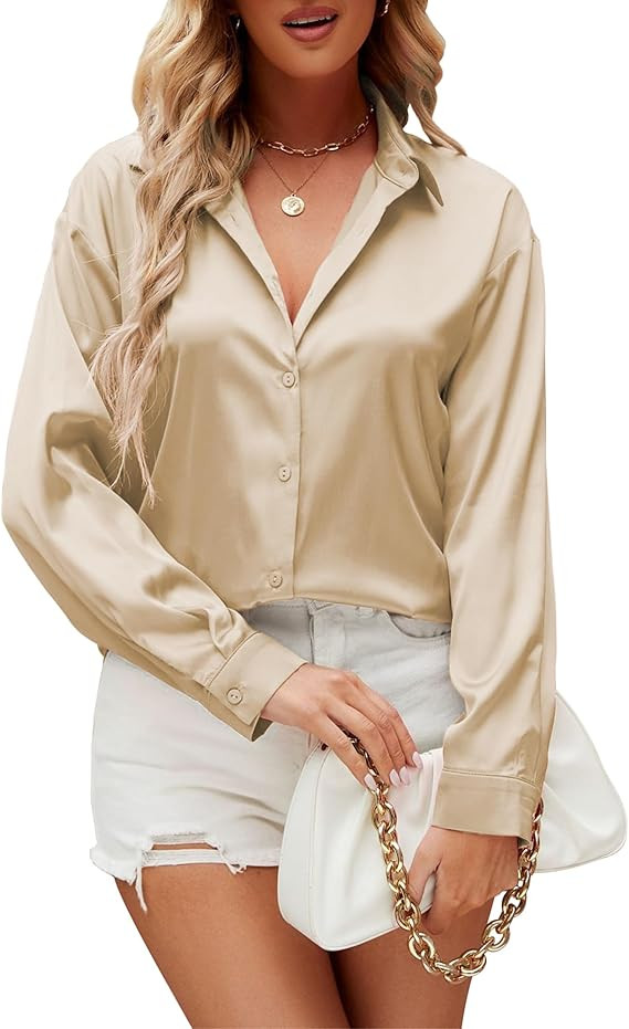 Damipow Satin Silk Button Down Shirts for Women Dress Shirts Long Sleeve Blouses Womens Shirts | Amazon (US)