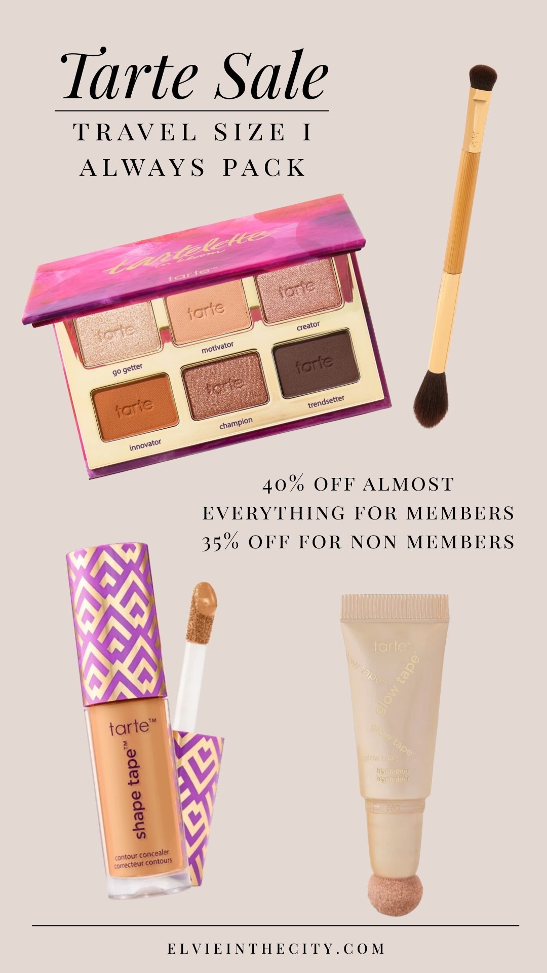 The Tarte travel size favorites that I always pack with me are on sale for 40% off for members (35% off for non members). My picks include the Tartlette mini In Bloom eyeshadow palette, double ended blending brush, Shape Tape, and Glow Tape highlighter.

Tarte sale, Tarte favorites, travel must haves, over 40, over 50