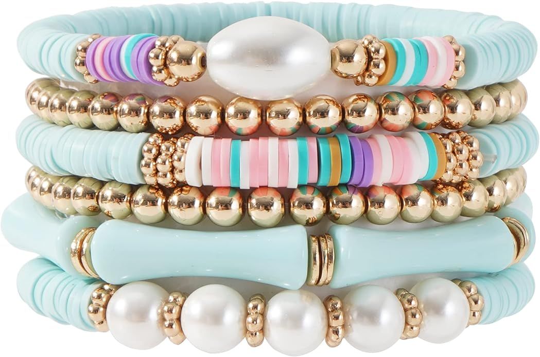 Heishi Gold Beaded Bracelet Set for Women Stackable Colorful Acrylic Tube Polymer Clay Pearl Bead... | Amazon (US)