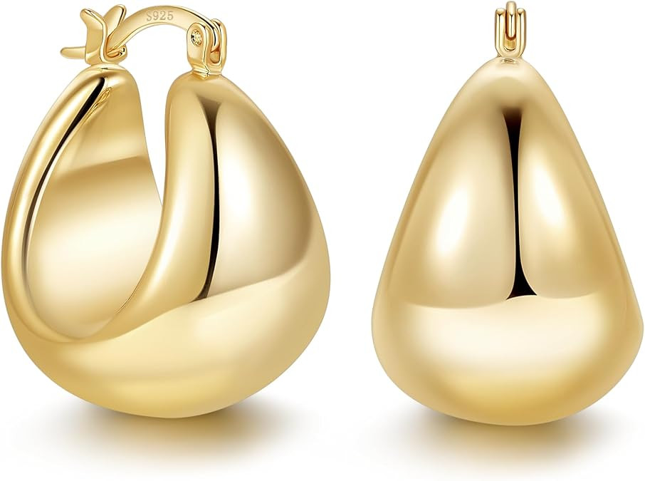 Gold Hoop Earrings for Women,925 Sterling Silver Chunky Hoop Earrings Hypoallergenic Lightweight ... | Amazon (US)