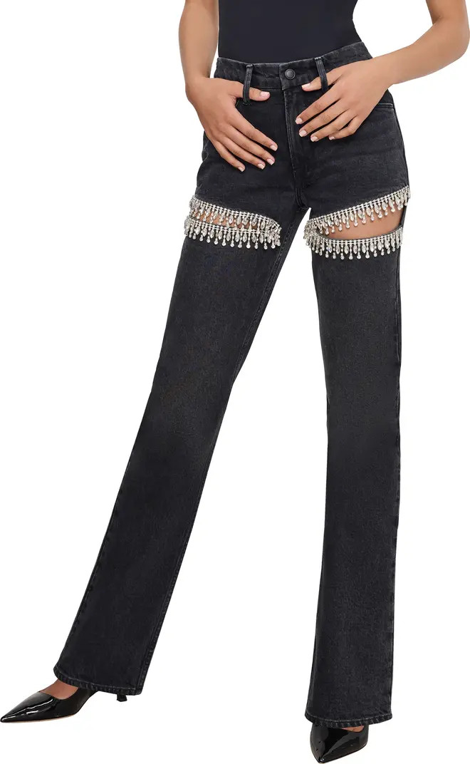 Good Icon Crystal Embellished Cutout Straight Leg Jeans | Nordstrom