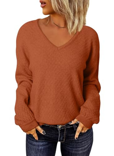 EVALESS Waffle Knit Sweaters for Women Fashion V Neck Long Sleeve Sweater Tops Sexy Fall 2024 Concert Outfits Loose Jumper Pullover Winter Warm Clothing Orange Large | Amazon (US)