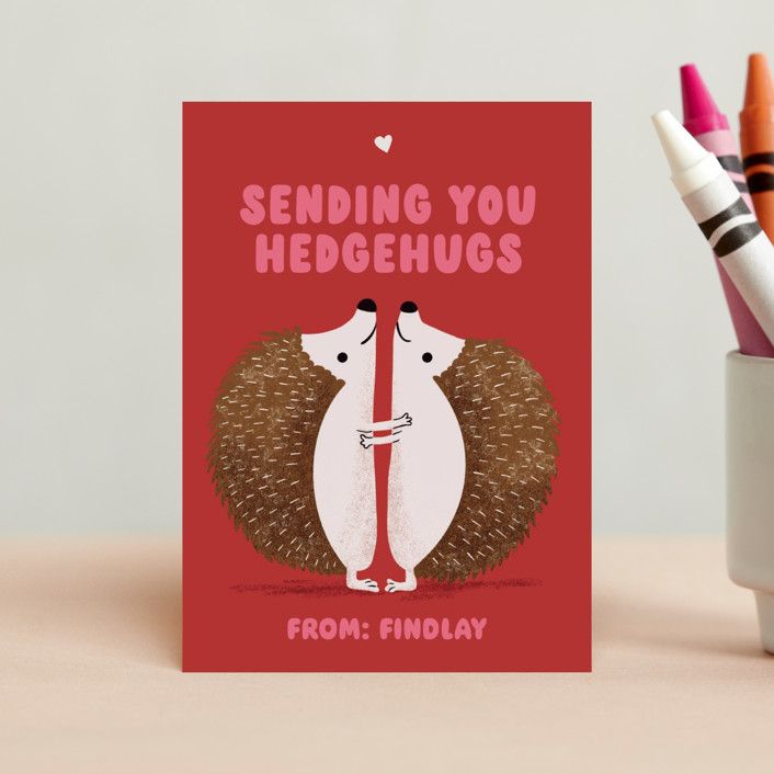 "Sending Hedgehugs" - Customizable Classroom Valentine's Cards in Red by mo kelley. | Minted
