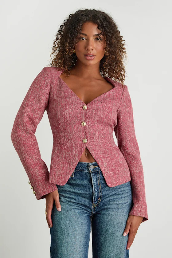 Vadima Berry Pink Tweed Button-Front Blazer | Lulus