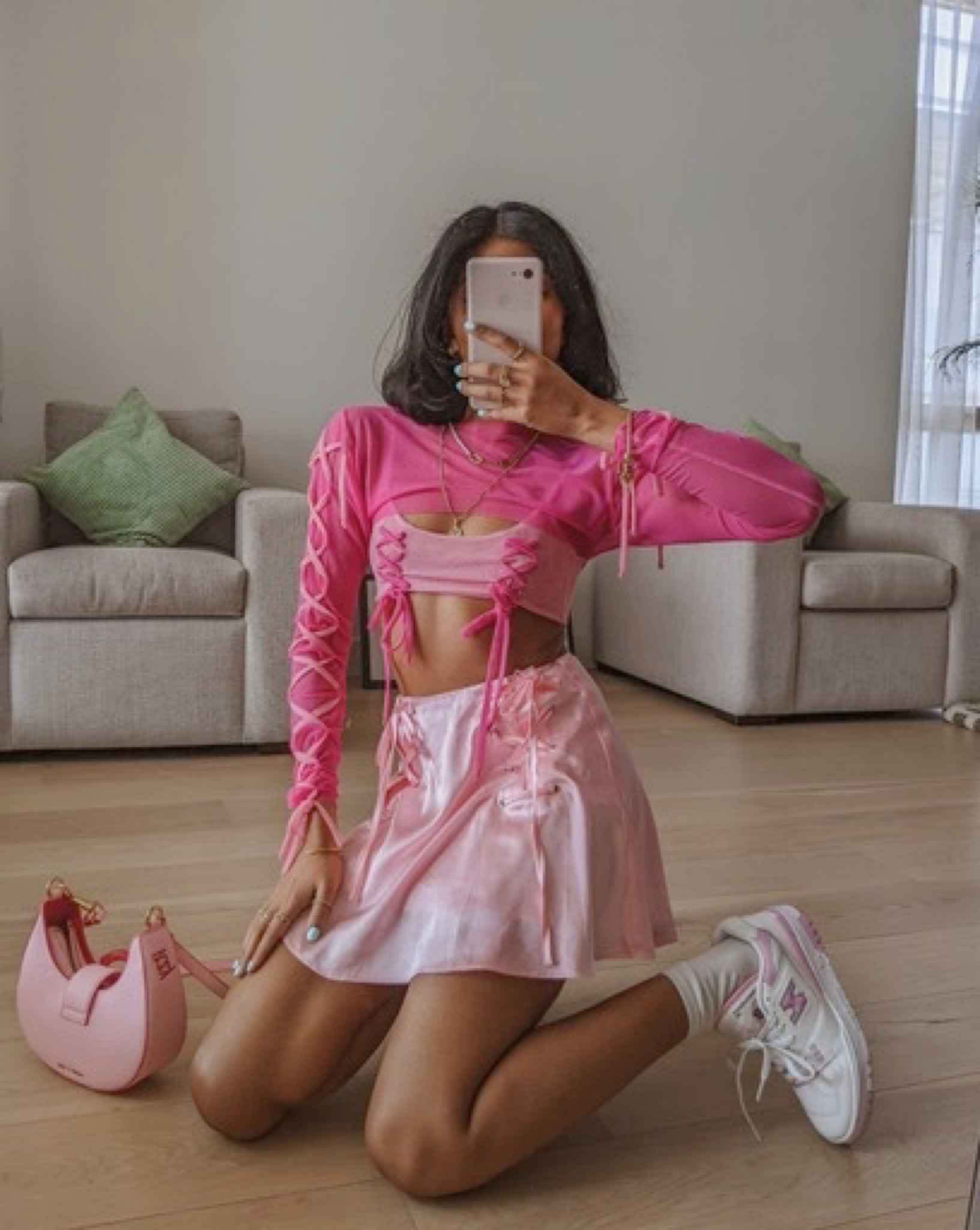 Pink crop top, tie front top, Satin mini skirt, silk skirt, light pink skirt, matching set, co-rd, new balance, pink trainers, Pandora necklace, charles and Keith bag, saddle bag, spring outfit inspo, all pink, pink bralet, farfetch, poster girl, festival outfit inspo, new balance 

#LTKeurope #LTKSeasonal #LTKfit
