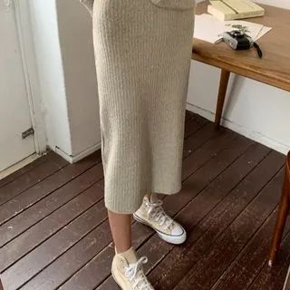 Band-Waist Rib-Knit Skirt Oatmeal - One Size | YesStyle Global