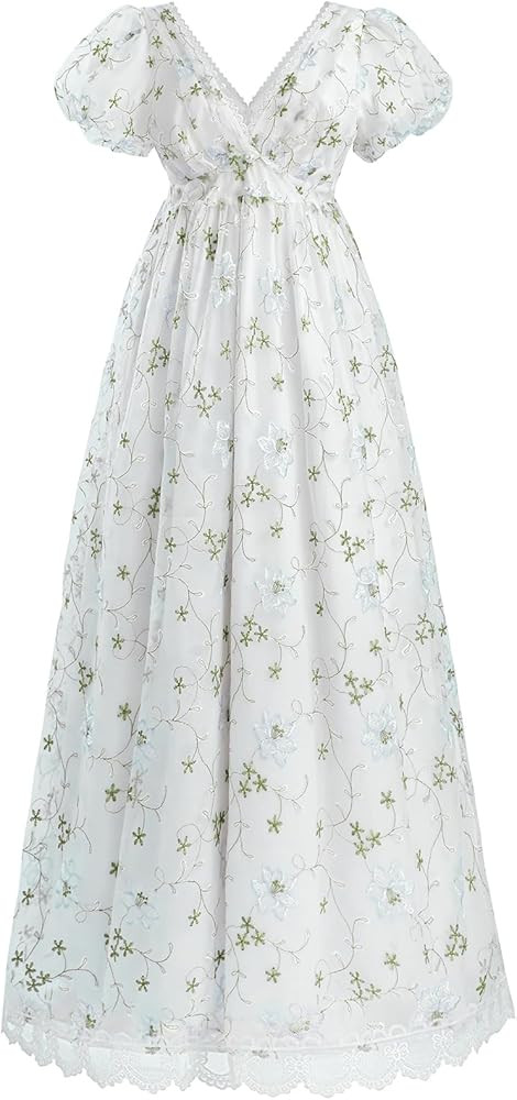 FCCAM Regency Dresses for Women V-Neck Empire Waist 1800s Victorian Dress Costume Ball Gown | Amazon (US)
