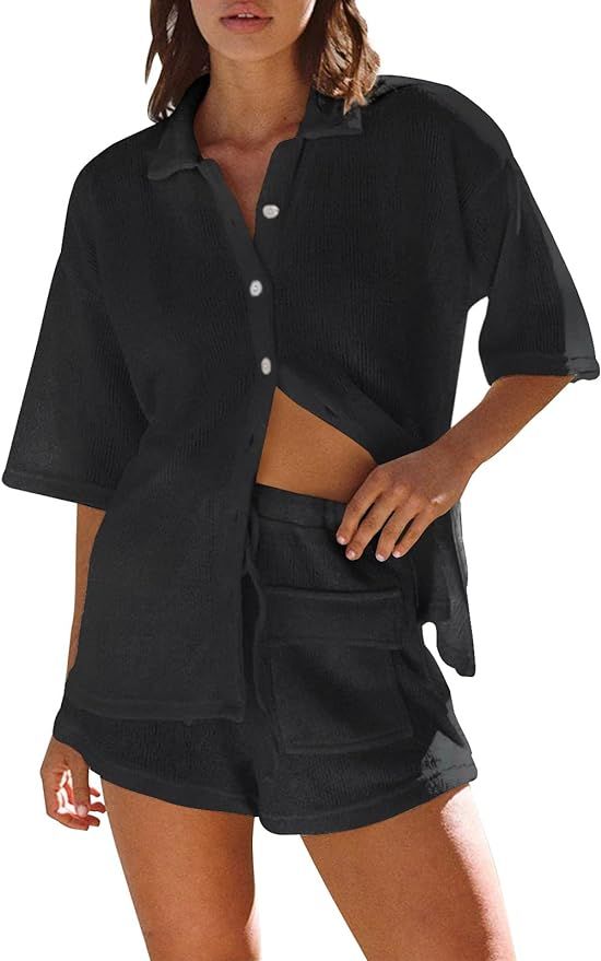 ARTFREE 2 Piece Pajama Sets for Women Summer Casual Lounge Short Sleeve Button Down Shirts and Sh... | Amazon (US)