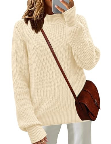 Zeagoo Women's 2025 Fall Turtleneck Sweaters Trendy Loose Long Sleeve Knit Pullover Jumper Tops Beige | Amazon (US)