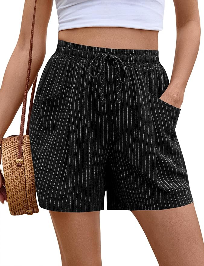 AKEWEI Linen Shorts Women Casual Wide Leg High Waisted Summer Outfits Comfy Elastic Waist Beach S... | Amazon (US)