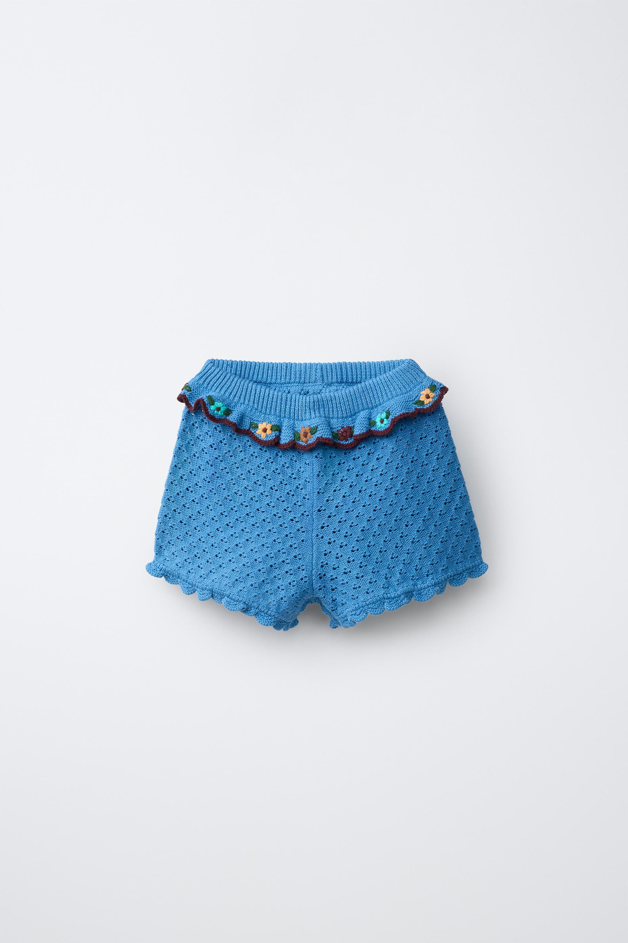 COTTON-LINEN KNIT SHORTS WITH RUFFLES AND EMBROIDERY | Zara US