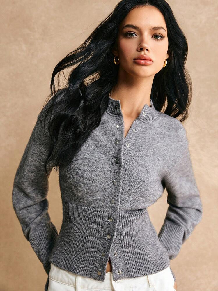 Poéselle Gray Short Slim Front Button Solid Color Long Sleeve Simple Casual Knit Cardigan,Gray Sweater,Short Women's Sweater,Women's Sweaters,Knit Sweaters,Winter Women's Clothing,Fall Women's Clothing,FW24,Knitted Sweater | SHEIN
