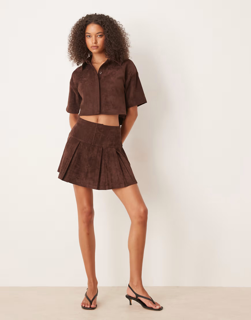 ASOS DESIGN co-ord faux suede pleated mini skirt in chocolate-Brown | ASOS (Global)