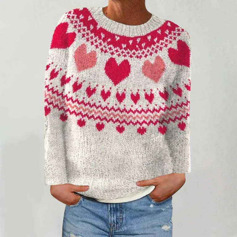Meichang Knit Sweater Women Fair Isle Sweater Women Vintage Heart Print Long Sleeve Crew Neck Kni... | Walmart (US)