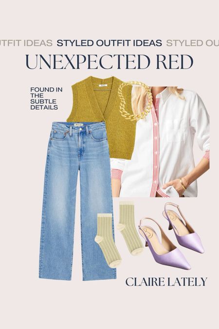 How to style the unexpected red theory - in a subtle detail on a tailored button down shirt. Pair it with wide leg denim, slingback heels, tailored union sock, madewell sweater vest, and a chunky gold necklace. 
See all 6 ideas in my Styled Looks Collection on the LTK APP. 
❤️ Claire Lately 

#LTKstyletip #LTKworkwear #LTKSpringSale
