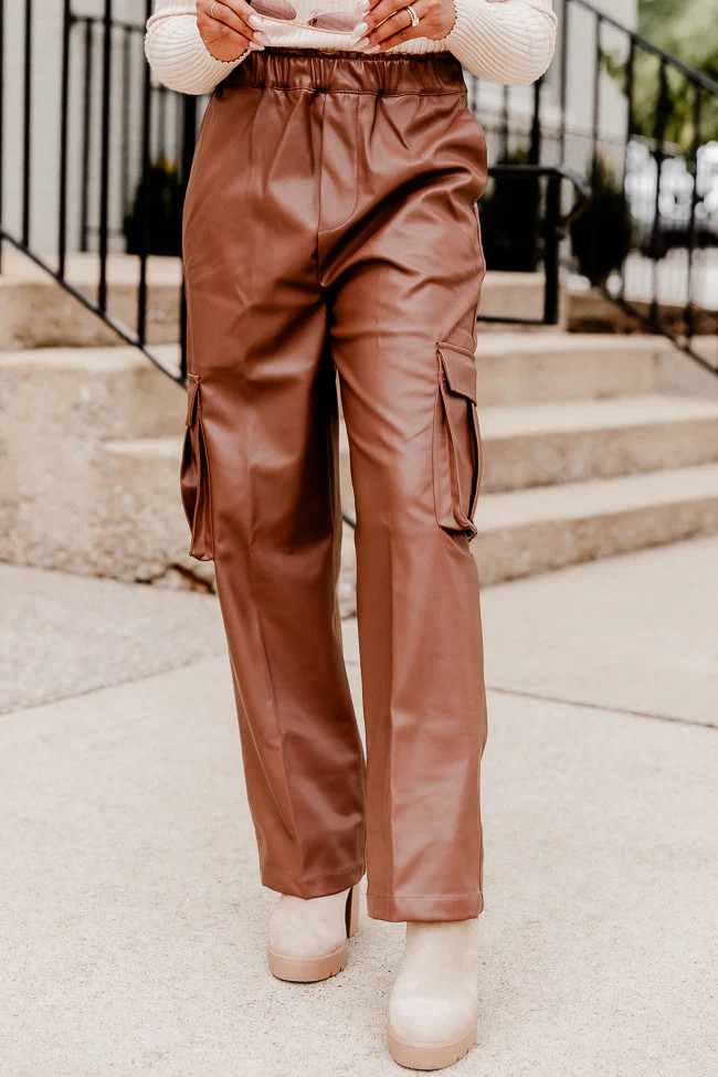 A Little While Longer  Chocolate Faux Leather Cargo Pants | Pink Lily