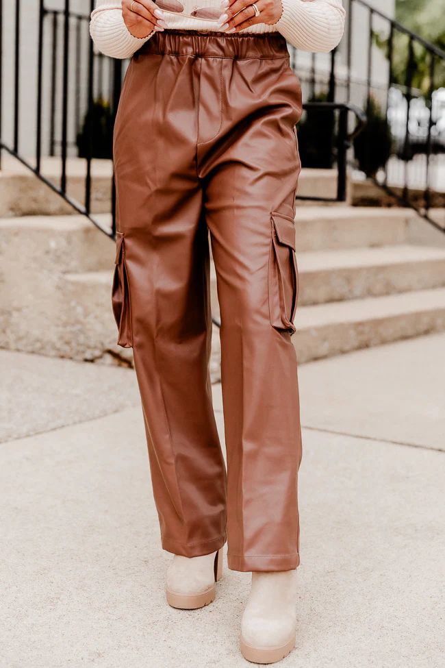 A Little While Longer  Chocolate Faux Leather Cargo Pants | Pink Lily