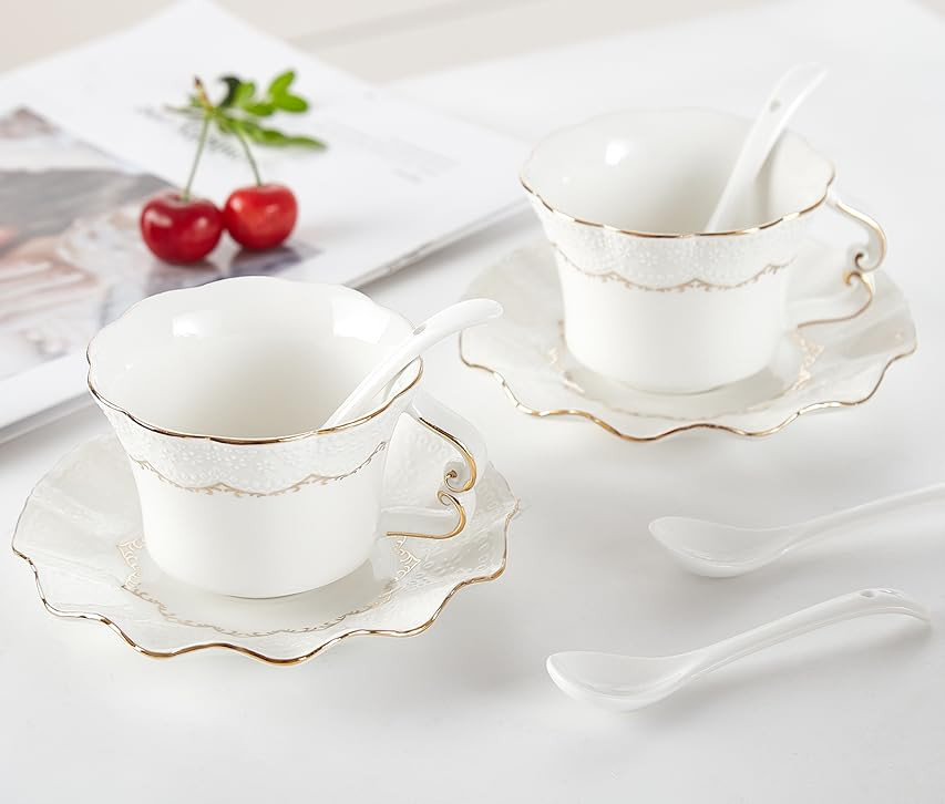 DUJUST Tea Cups and Saucers Set of 6 (8.5 OZ), Luxury Tea Cup Set with Golden Trim, Relief Printing  | Amazon (US)