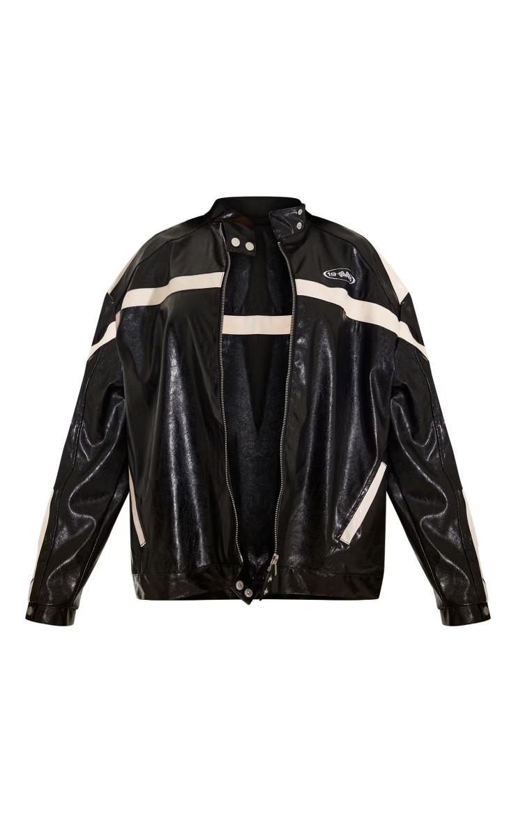 Black Distressed Faux Leather Racer Jacket | PrettyLittleThing US