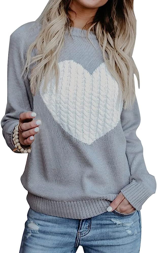 Cogild Women's Pullover Sweater Long Sleeve Crewneck Jumper Cable Knit Heart Cute Sweater Tops | Amazon (US)