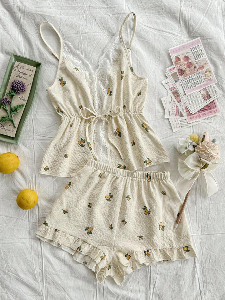 CottageSlumber Women Lace Patchwork Floral Pattern Cami Tank Top And Shorts Sleepwear Set, Summer... | SHEIN