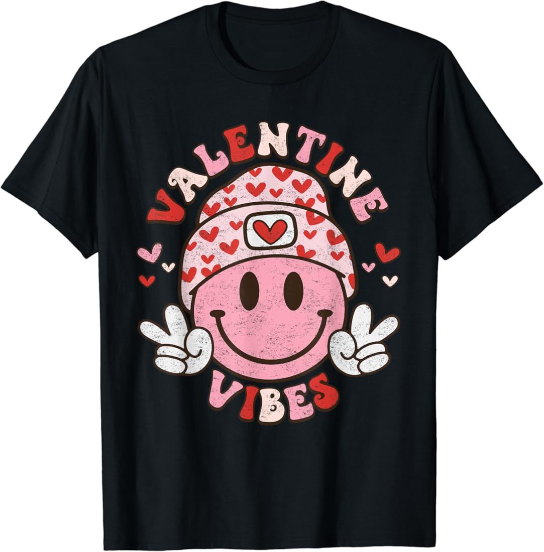 Valentine Vibes Smile on Face Trendy Valentines Day Groovy T-Shirt | Amazon (US)