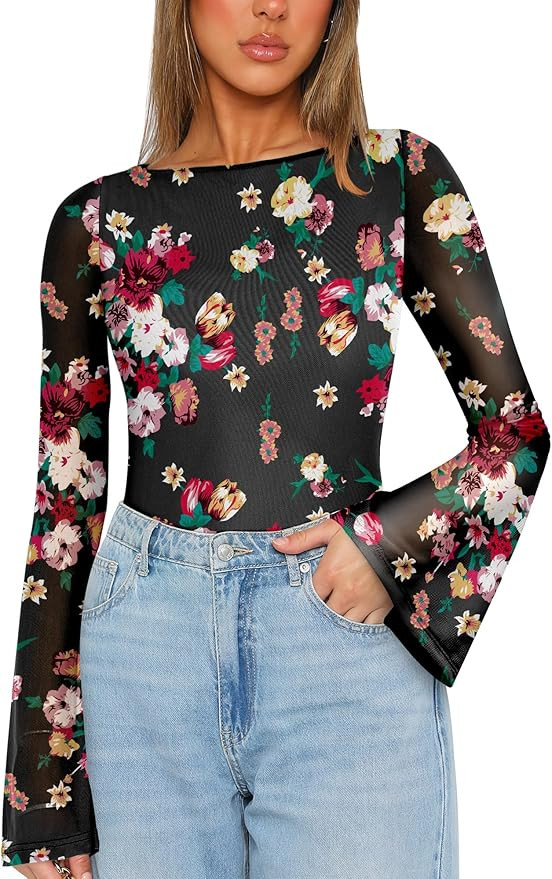 Prinbara Womens Bell Long Sleeve Tops Mesh Floral Boat Neck Double Lined Sheer Night Out Date Ski... | Amazon (US)