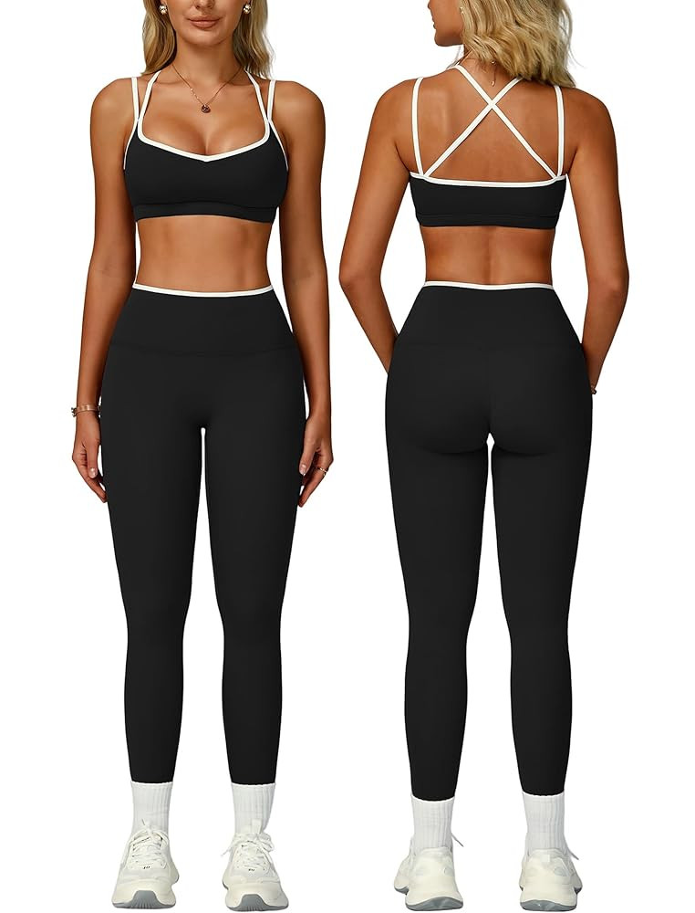 Women 2 Piece Workout Sets Cross Back ColorBlock Sports Bra High Waist Tummy Control Active Leggi... | Amazon (US)