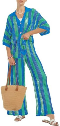 Women Cover Up Sets Button Up Tops with Pants Crochet Set Outfit 2 Piece Outfits Vacation Outfits | Amazon (US)