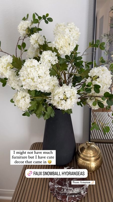 Entry table decor from Amazon - faux hydrangeas and stems 
Black vase 
Marble dish 
Antique bronze canister 

#LTKSeasonal #LTKFindsUnder50 #LTKHome