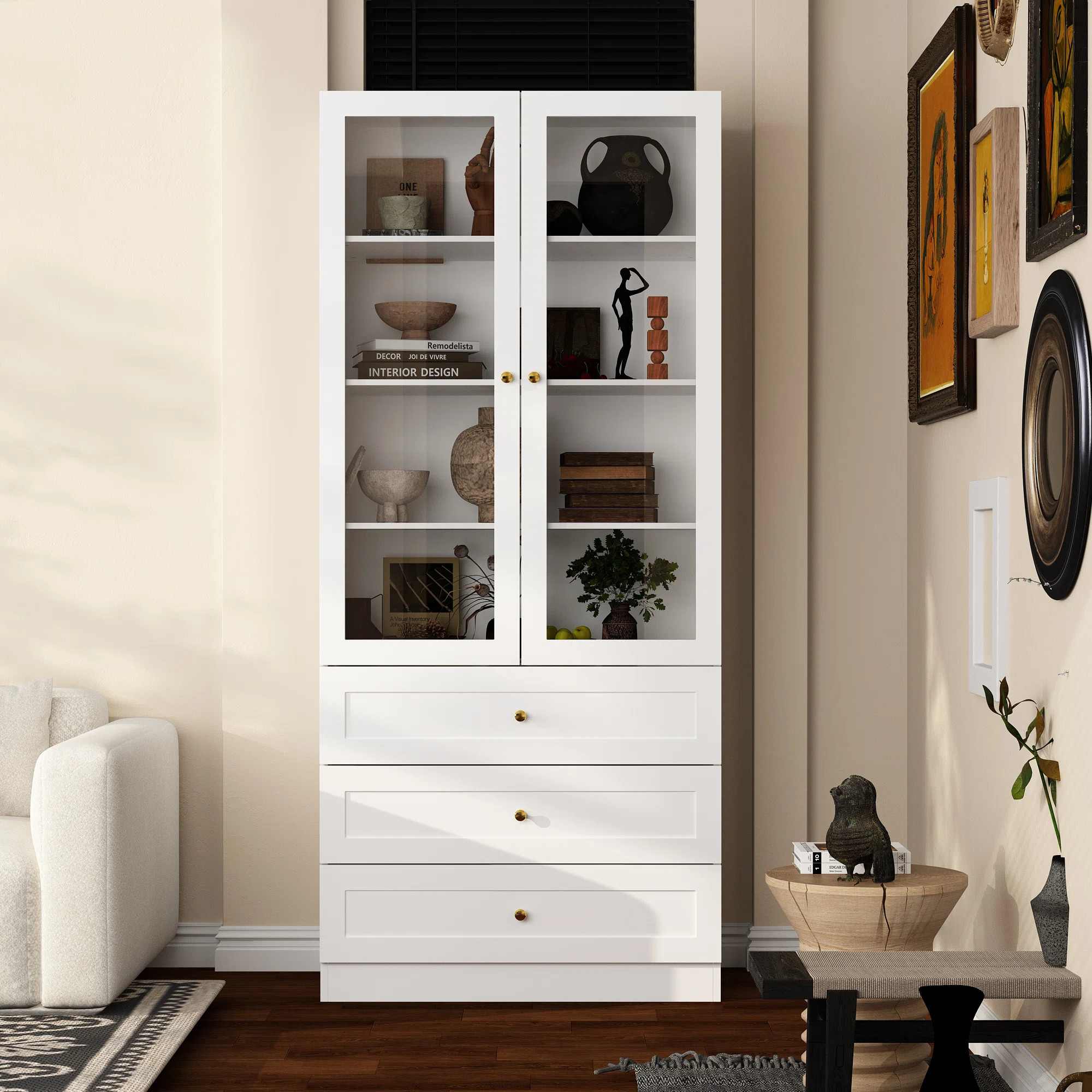 Winston Porter Elegant White Display Cabinet With Fixed Shelves And Gold Handles | Wayfair | Wayfair North America