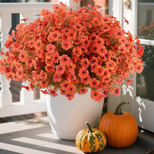 Hananona 18 Pcs Artificial Mum Flowers for Outdoors, Faux Fall Mums Silk Flower for Outside, Fake Orange Flowers for Fall Patio Front Door Planter Autumn Halloween Home Decorations (18, Orange) | Amazon (US)