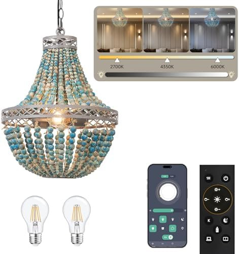 Wooden Bead Chandelier, Vintage Pendant Light with Remote Control and Continuously Dimmable Color... | Amazon (DE)