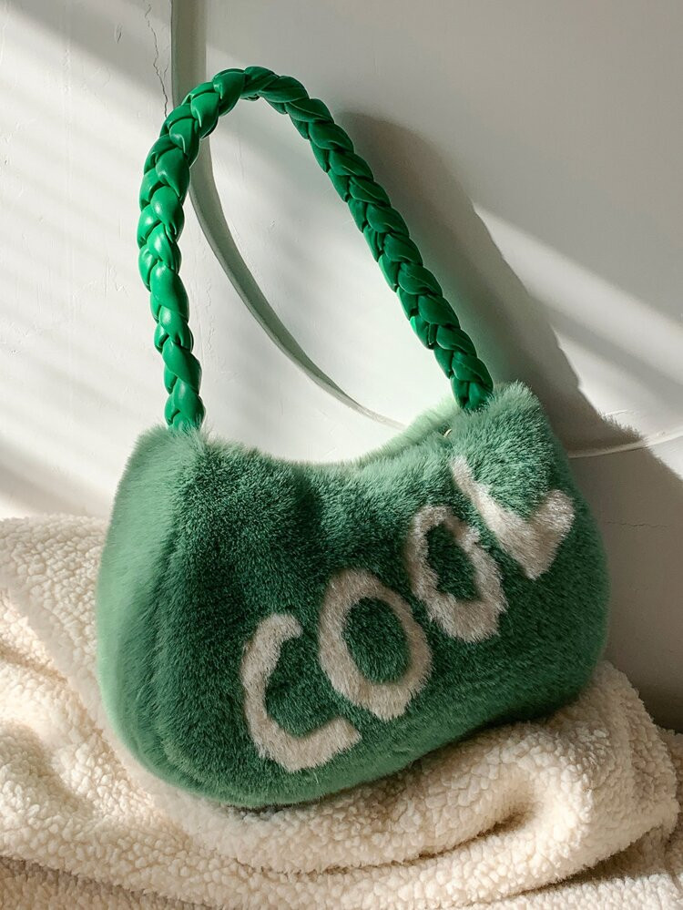 Letter Graphic Fuzzy Hobo Bag | SHEIN